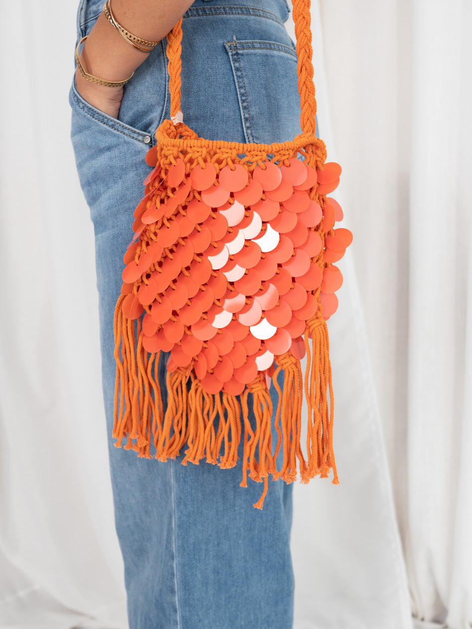 Bolso Macramé Paillettes Mini Naranja