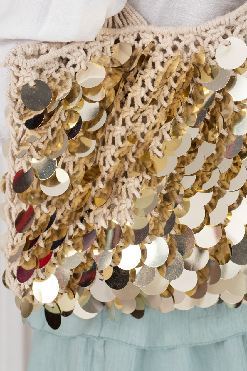 Bolso Macramé Paillettes Handmade Golden