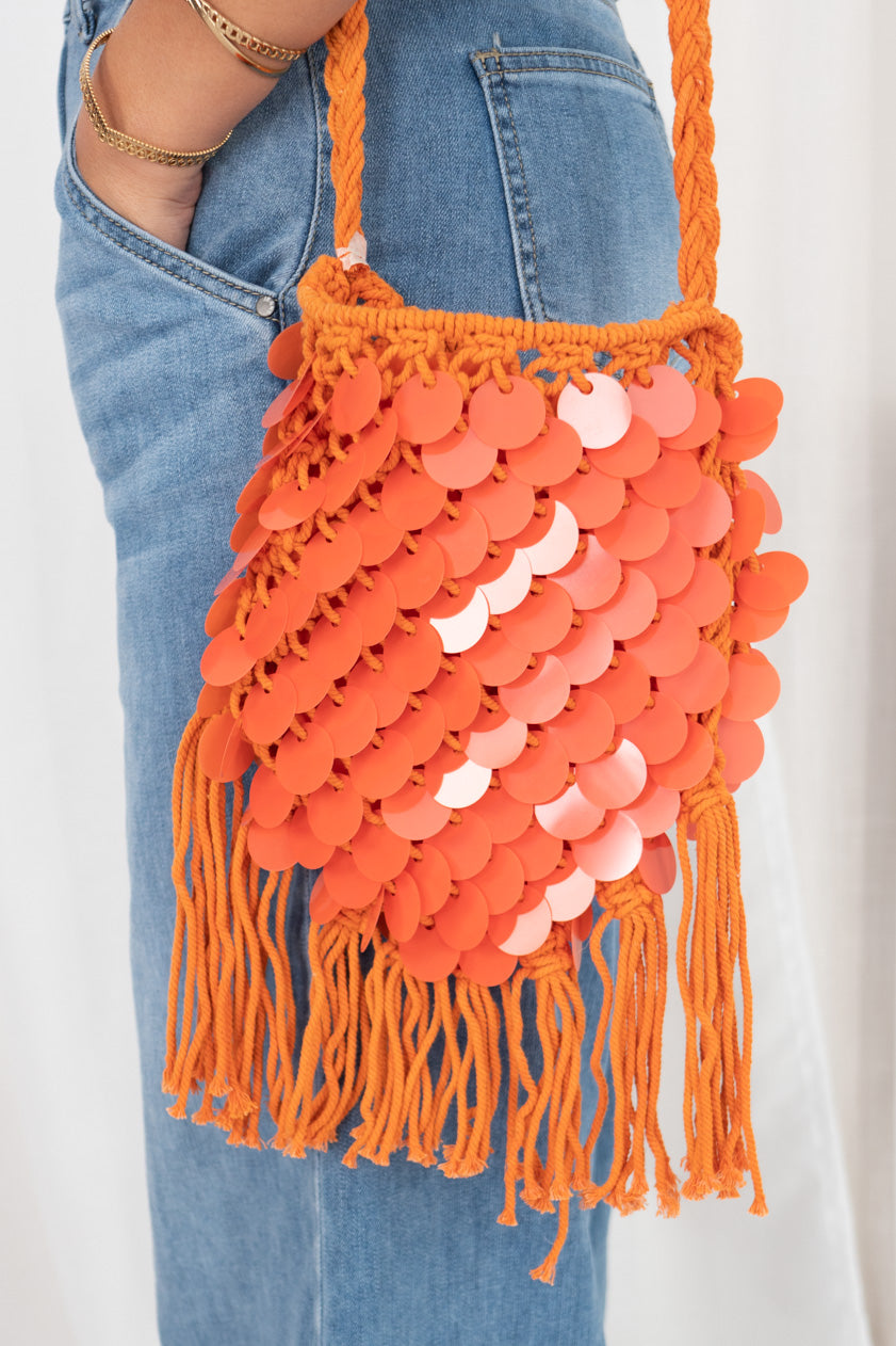 Bolso Macramé Paillettes Mini Naranja