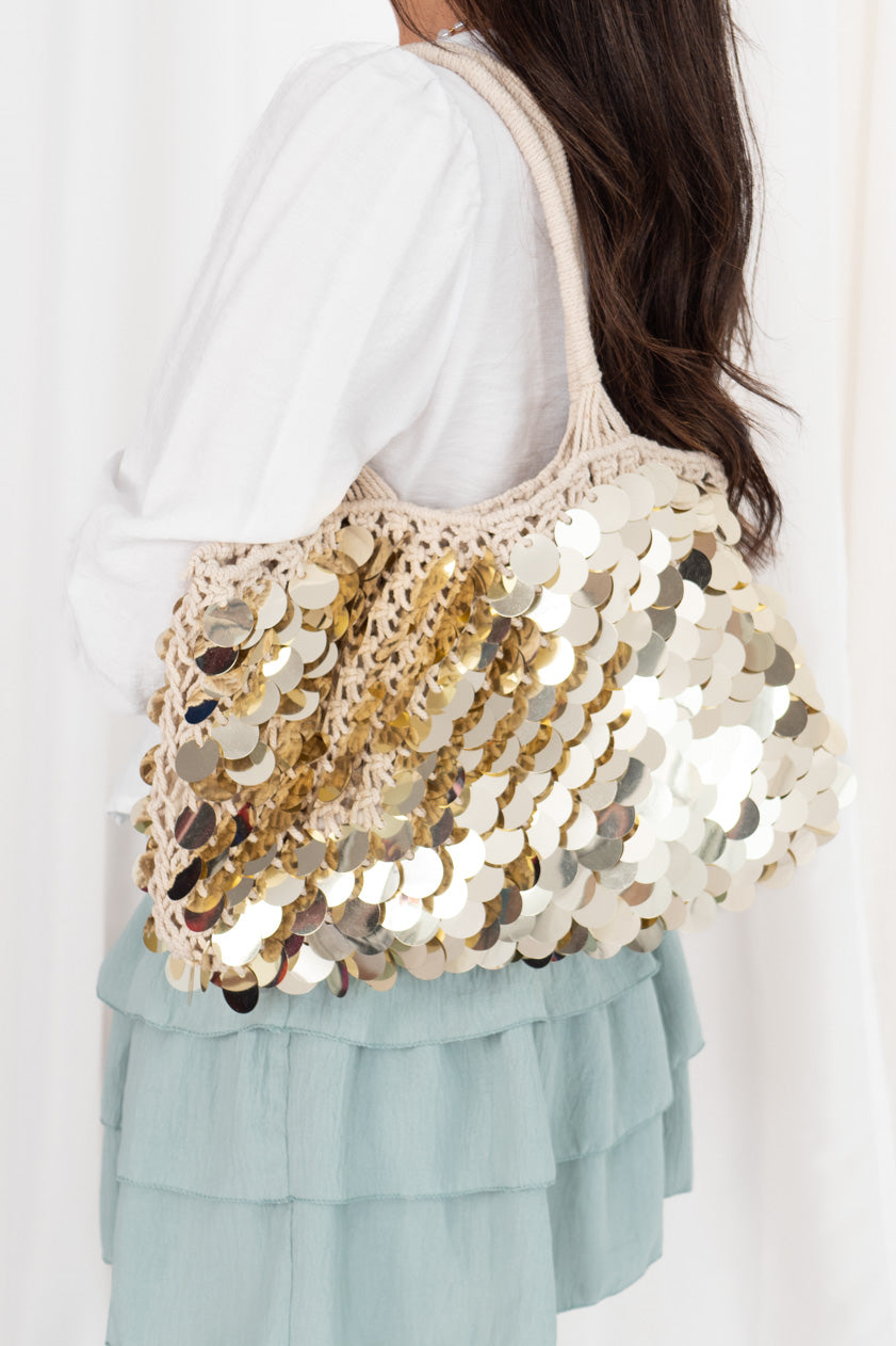 Bolso Macramé Paillettes Handmade Golden