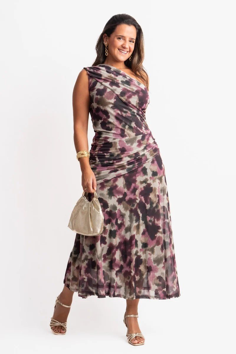 Vestido midi estampado de un solo hombro