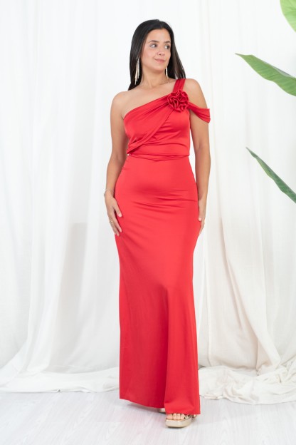 Comprar Vestido Asimétrico con Flor Rojo Online
